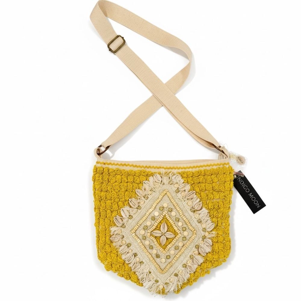 Indigo Moon Vintage Beaded Purse Crochet Mustard Yellow Crossbody NWT